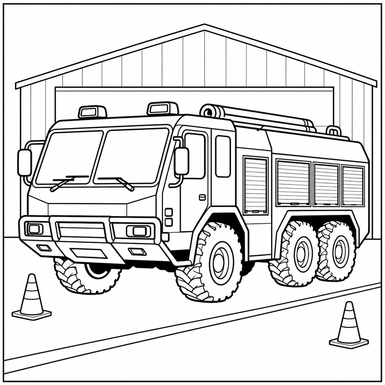 Brandweerwagen bij een hangar vormt een stoere kleurplaat militaire voertuigen voor kinderen.