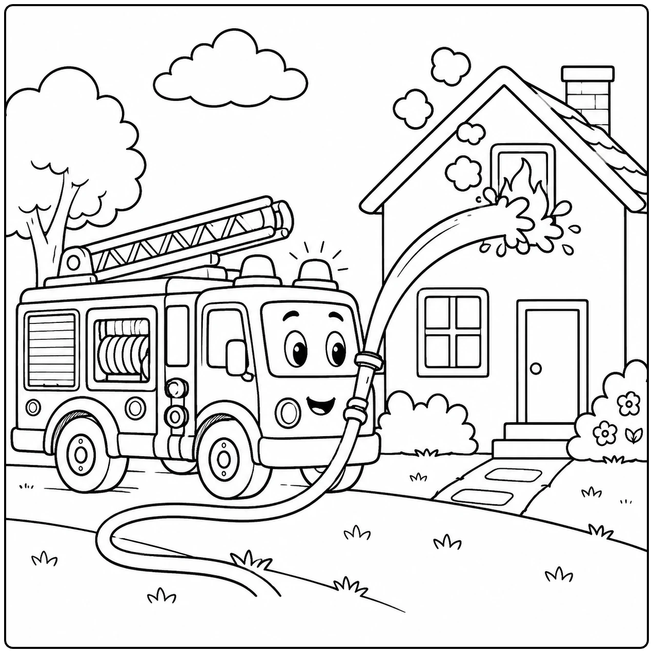 Een kleine kleurplaat brandweerauto staat voor een huis terwijl iemand uit het raam kijkt