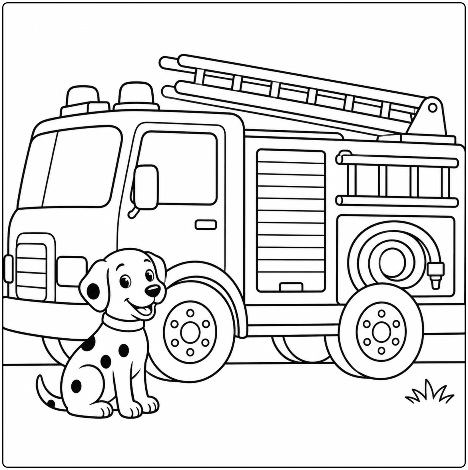 Brandweerwagen in zijaanzicht met een zittende dalmatiër bij het voorwiel en een ladder op het dak