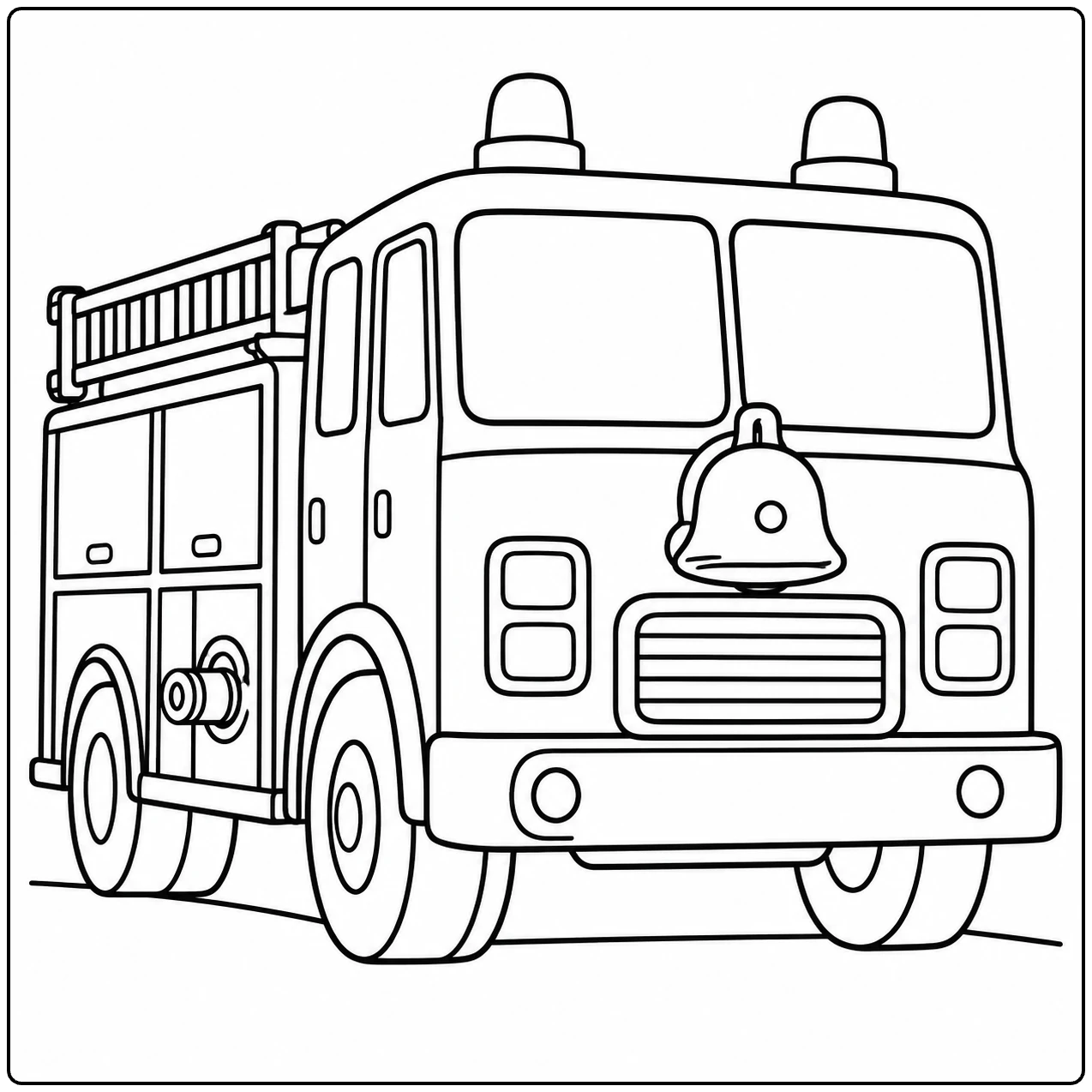 Klassieke brandweerwagen in driekwartaanzicht met grote bel, daklichten en stevige voorbumper