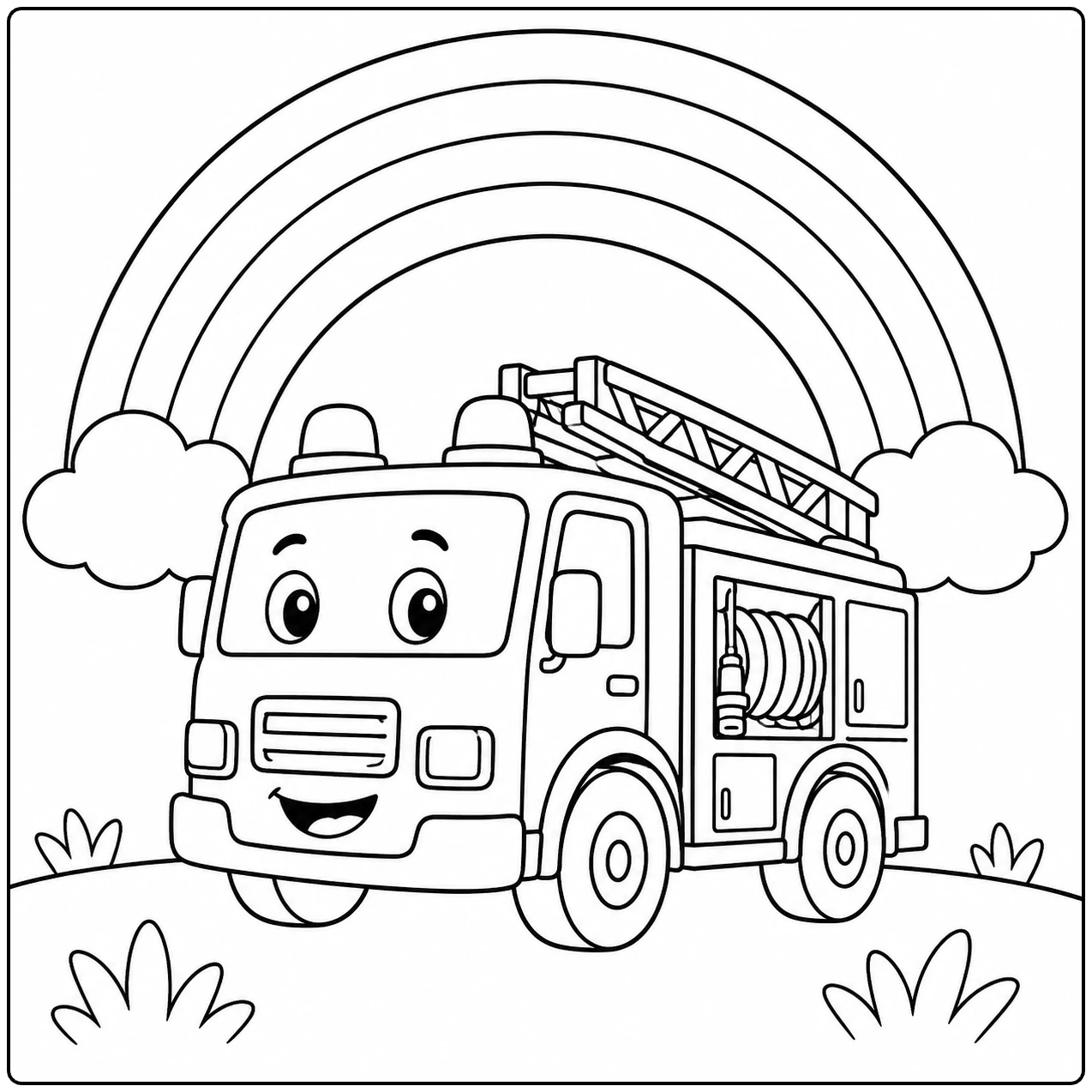Lachende brandweerwagen onder een grote regenboog met wolken, een vrolijke kleurplaat brandweerauto