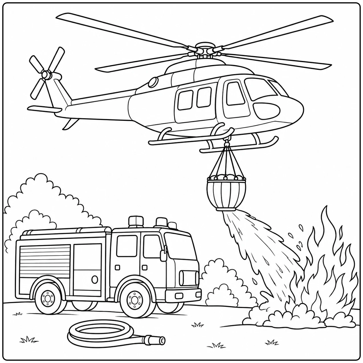 Brandweerwagen staat klaar terwijl een helikopter met waterzak boven het vuur vliegt