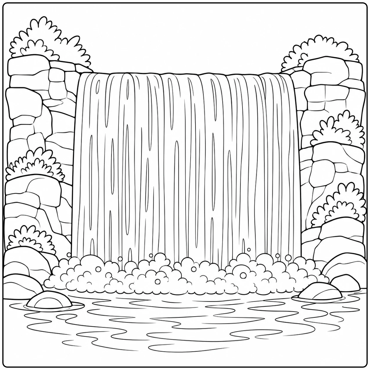 Brede waterval tussen stenen muren, een rustige Waterval Kleurplaat met struiken en rivier