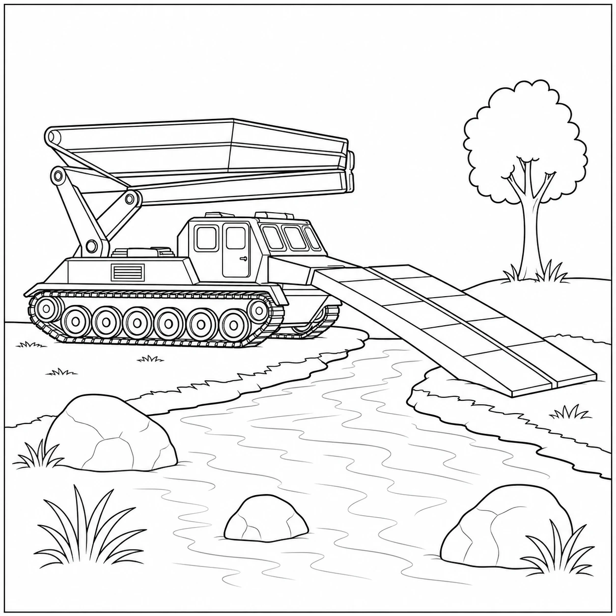 Bruglegvoertuig steekt een beek over in deze kleurplaat militaire voertuigen met natuurdecor.