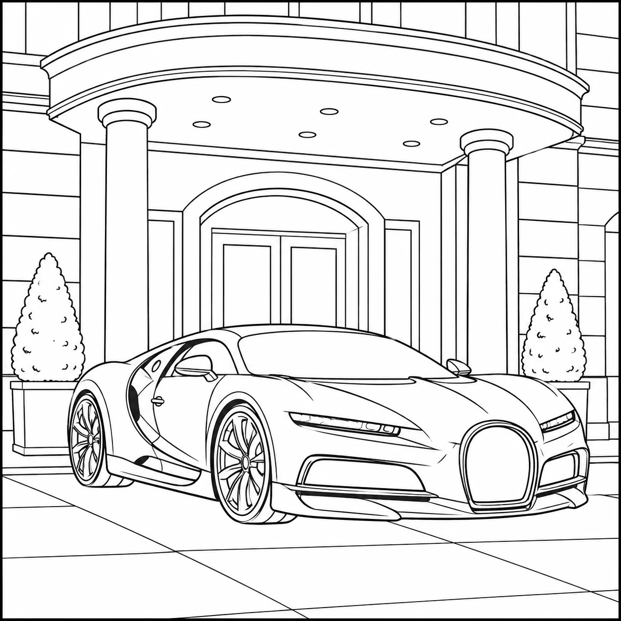 Voor een statige entree met zuilen staat een elegante kleurplaat auto bugatti klaar.