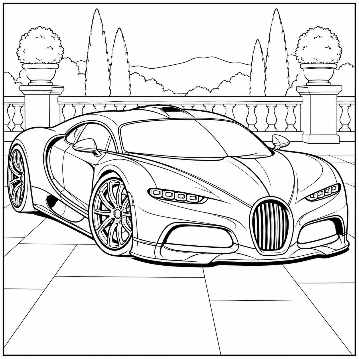 Een elegante kleurplaat auto bugatti staat op een betegeld terras met balustrade en hoge bomen.