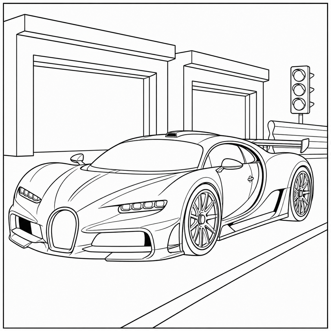 Bugatti geparkeerd voor een ruime garage, met open deuren en een signaallicht ernaast.