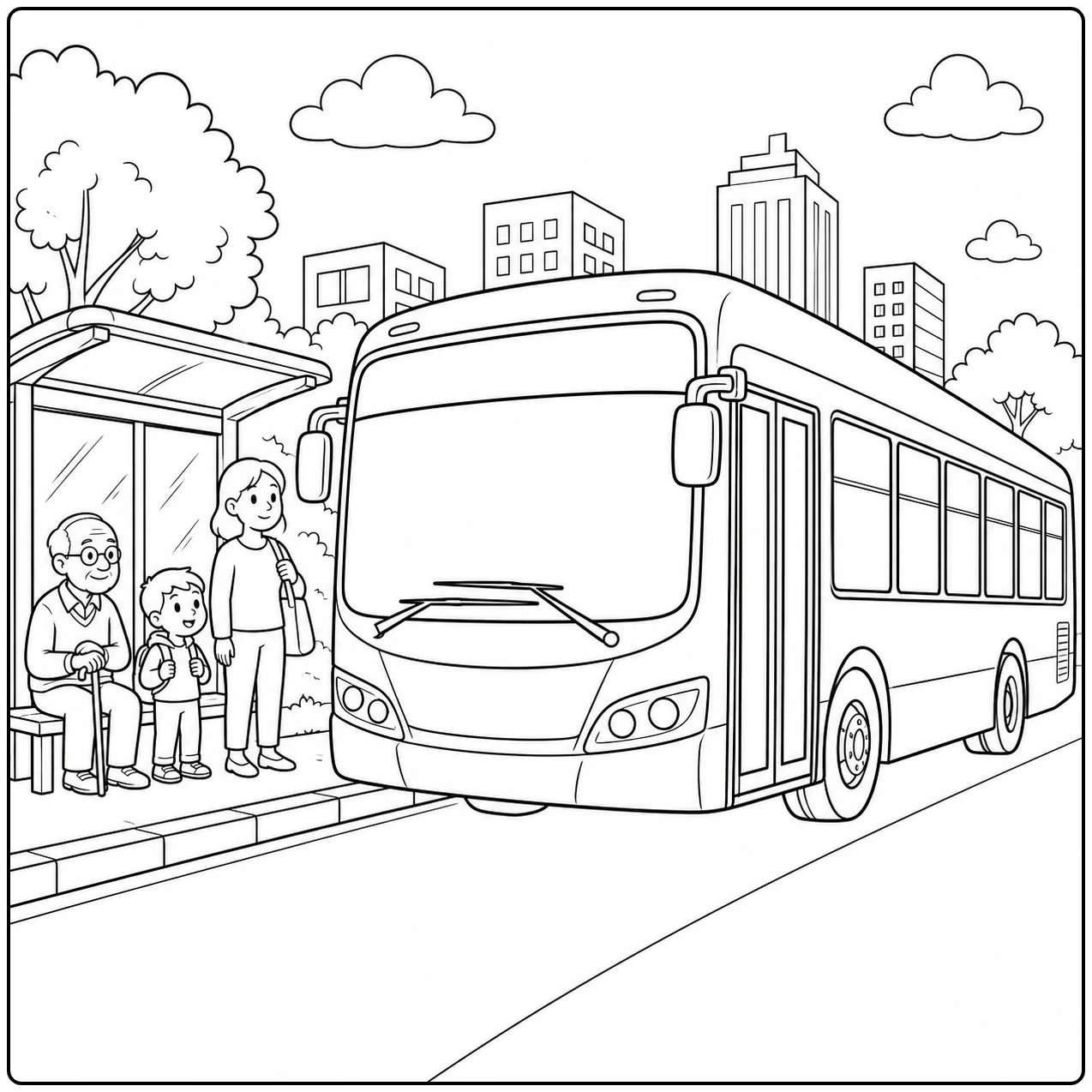 Mensen wachten bij de halte terwijl een moderne kleurplaat bus door een stedelijke straat nadert