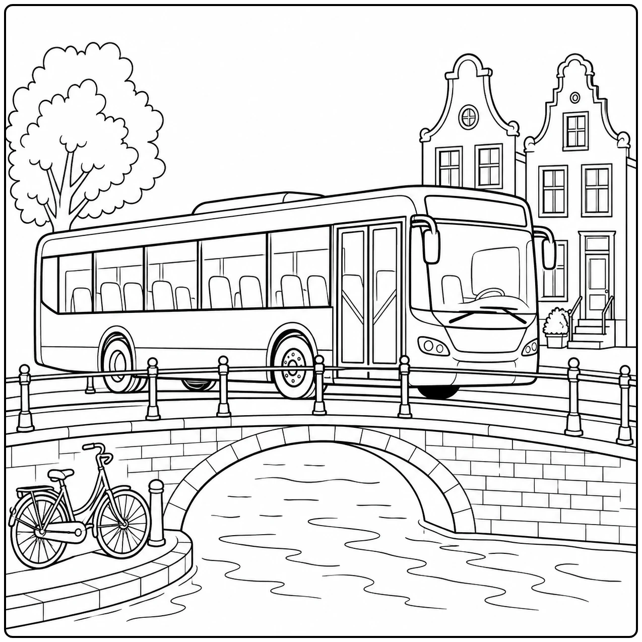 Stadsbus langs een gracht met fietsen bij de brug, bomen en hoge oude huizen op de achtergrond