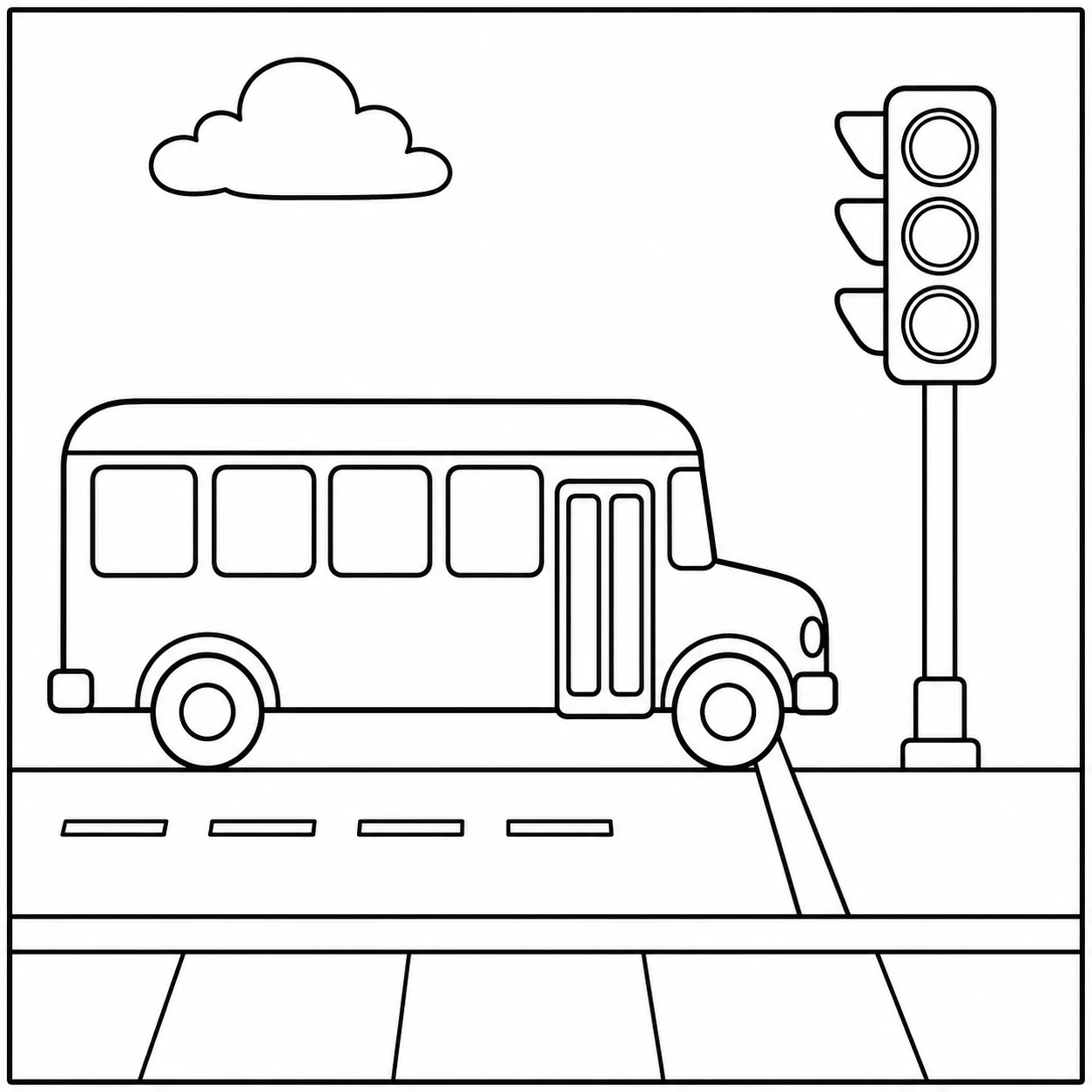 Stadsbus staat bij een kleurplaat verkeerslicht met brede ramen en eenvoudige wegmarkeringen