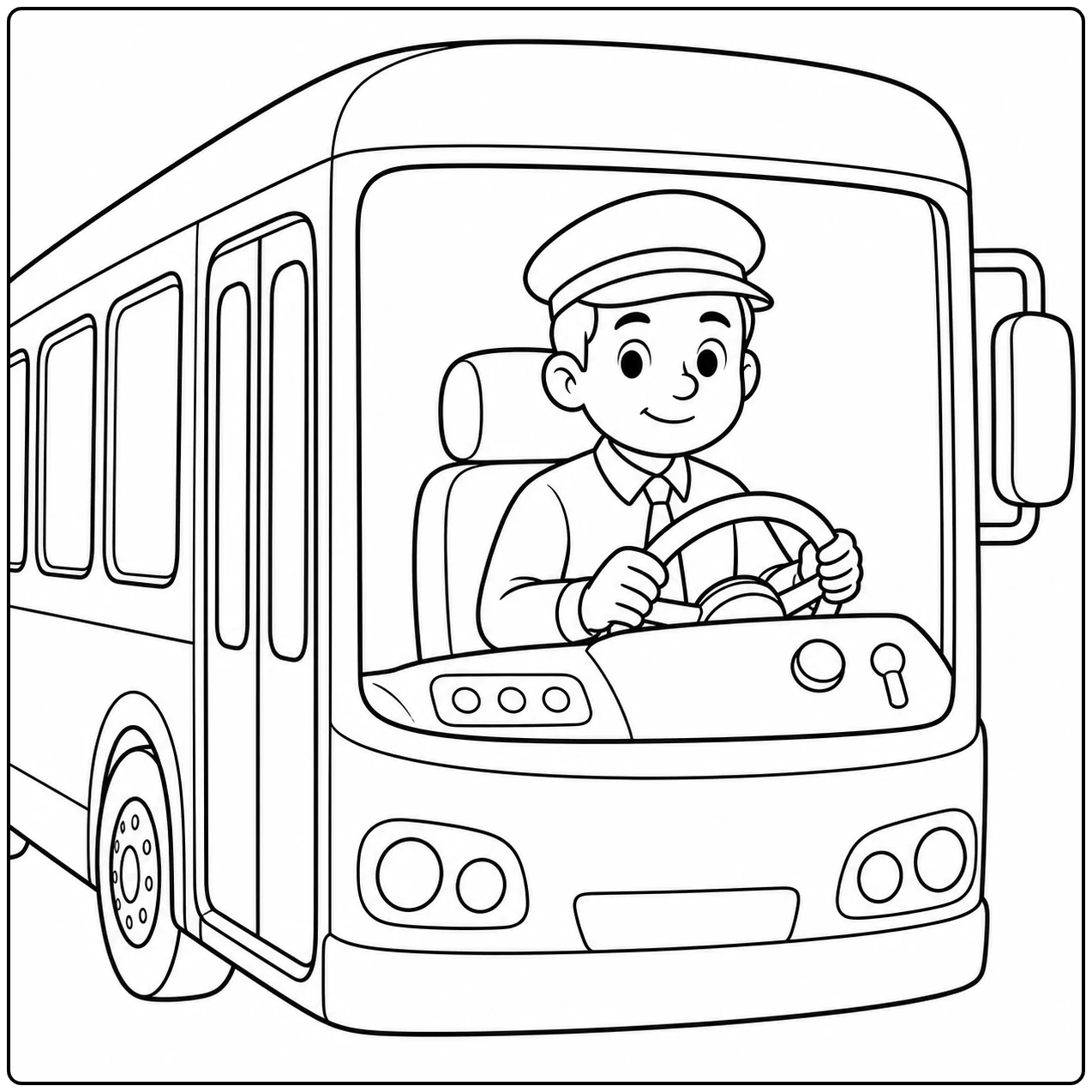 Een vriendelijke buschauffeur achter het stuur, gezien door de voorruit van een kleurplaat bus