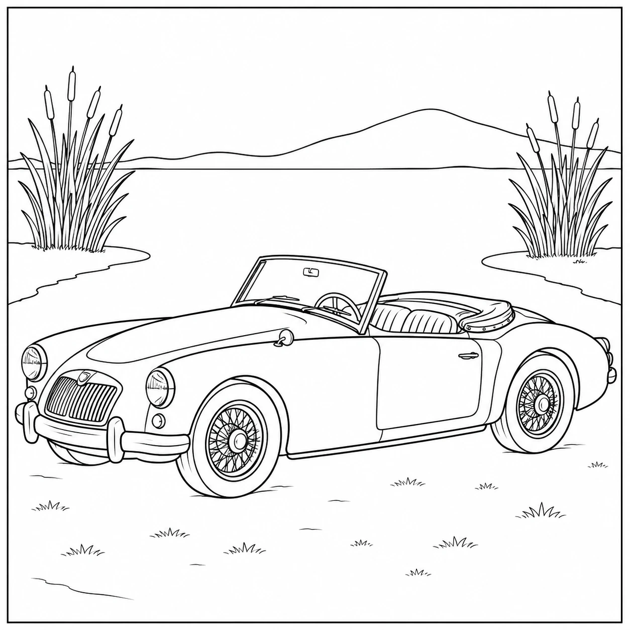 Sportieve kleurplaat oude auto als cabriolet bij een rustig meer, met riet en heuvels op de achtergrond.