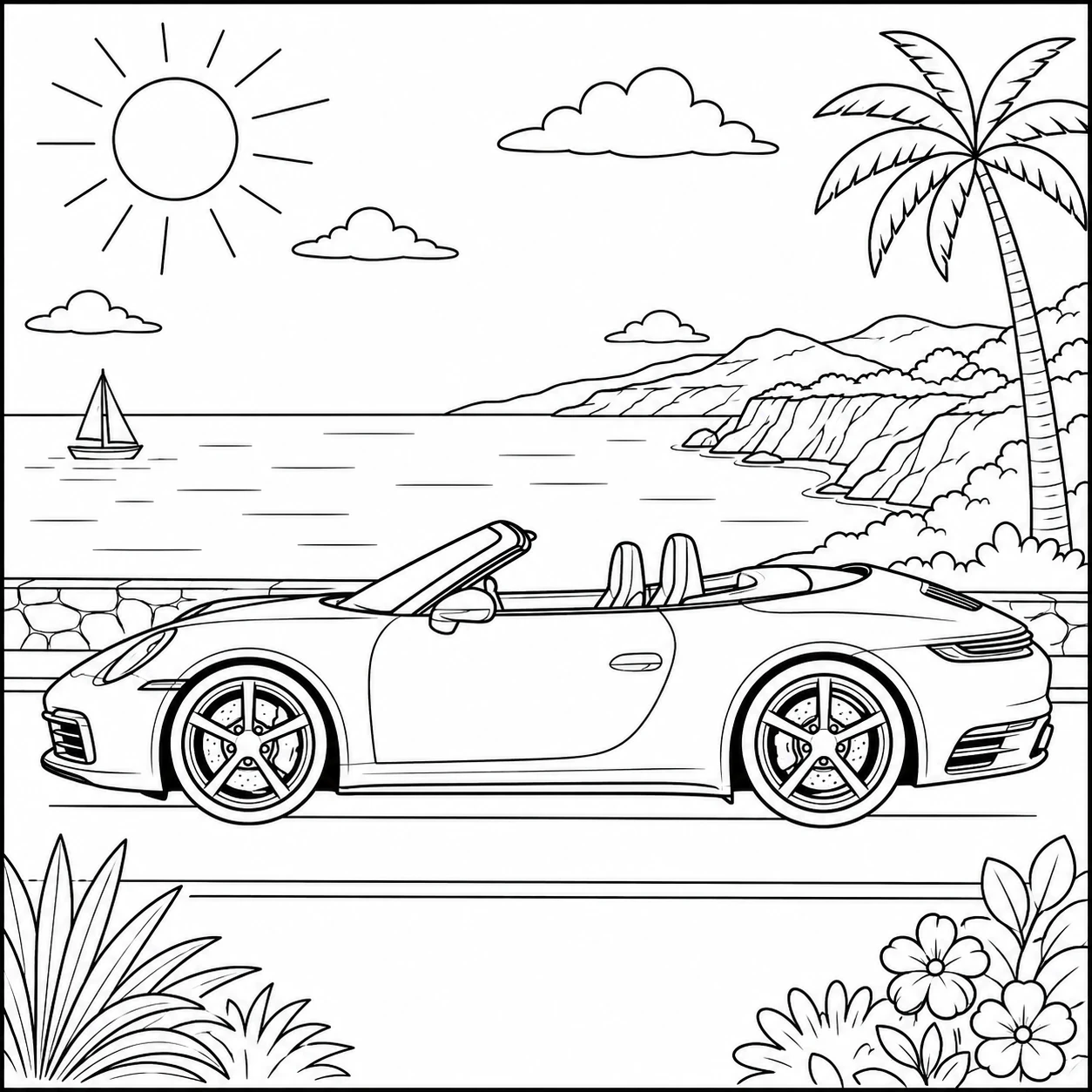 Kleurplaat auto porsche met een cabriolet langs zee met palmbomen en een open dak