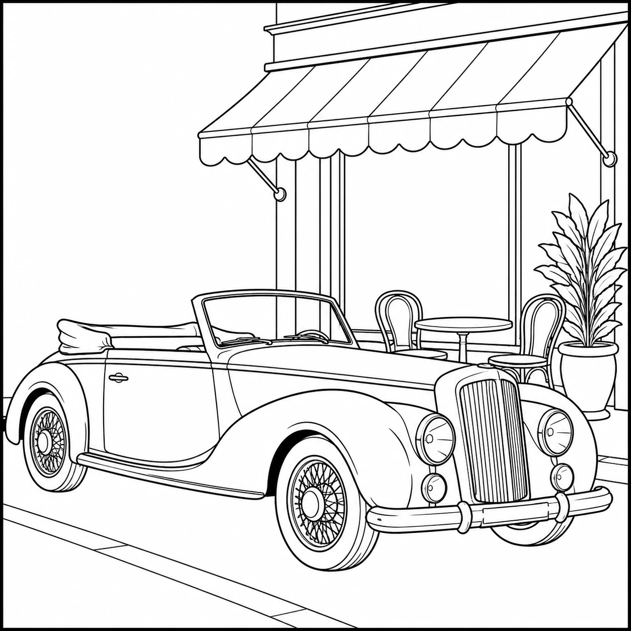 Klassieke cabriolet bij een café, kleurplaat auto mercedes met zonnescherm en planten