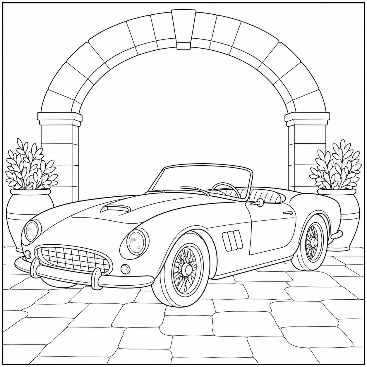 Elegante cabriolet staat op een stenen binnenplaats onder een boog met twee plantenbakken