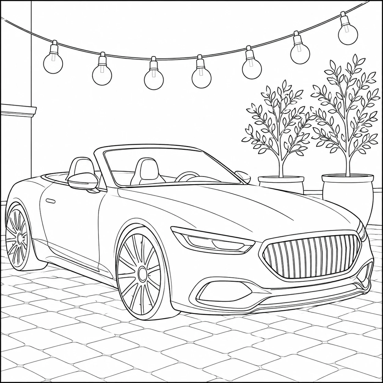 Cabriolet op een betegeld terras onder lichtslingers, met planten langs de rand