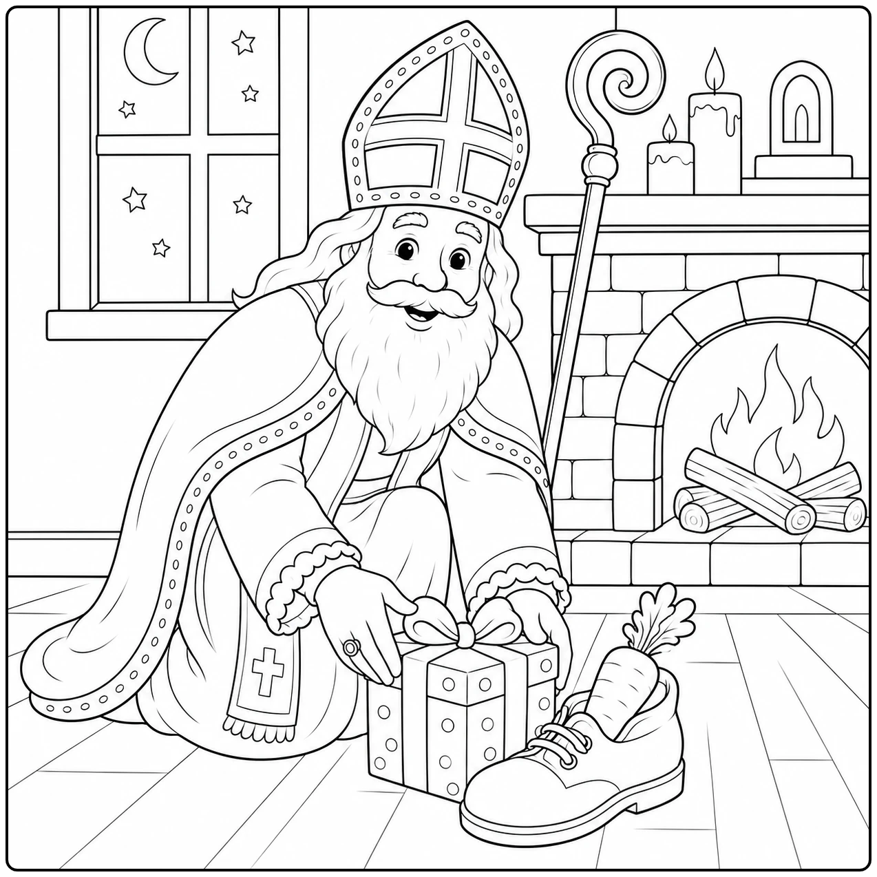 Een Sinterklaas Kleurplaat bij de open haard, met cadeaus en een schoen met wortel op de vloer.
