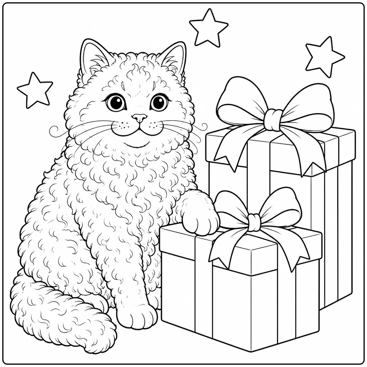 Pluizige kat zit naast drie ingepakte cadeaus met grote strikken en sterren op de achtergrond.
