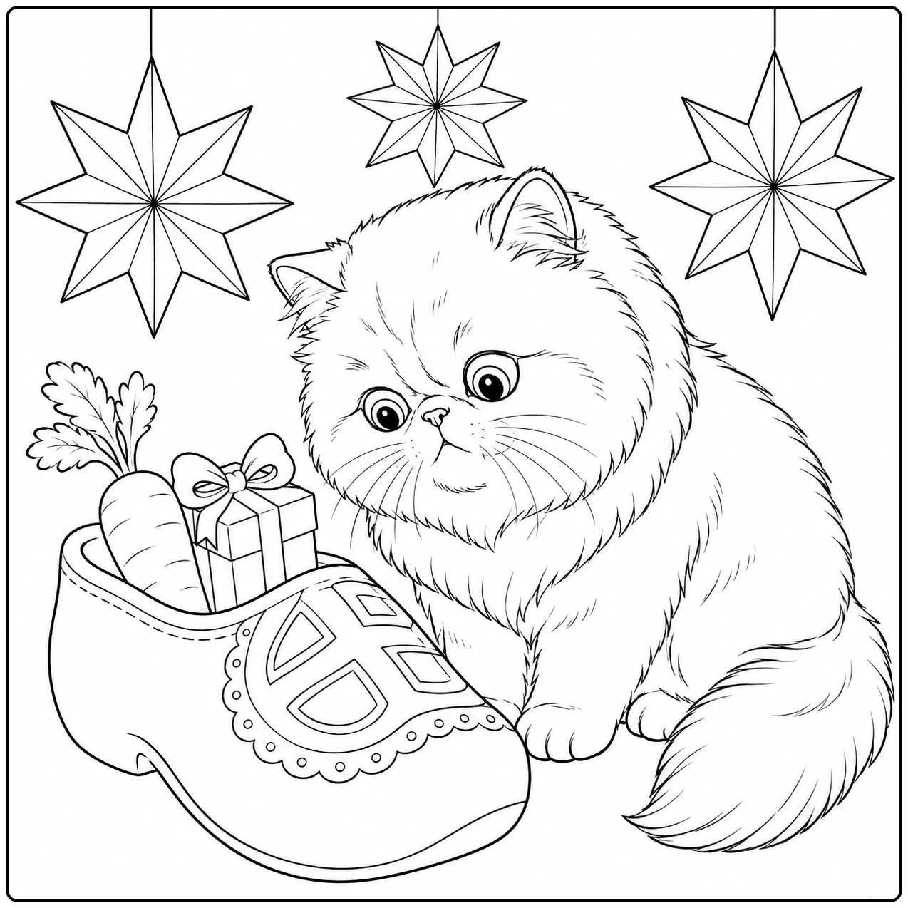 Kat kijkt nieuwsgierig naar een versierde klomp vol cadeautjes onder hangende sterren.