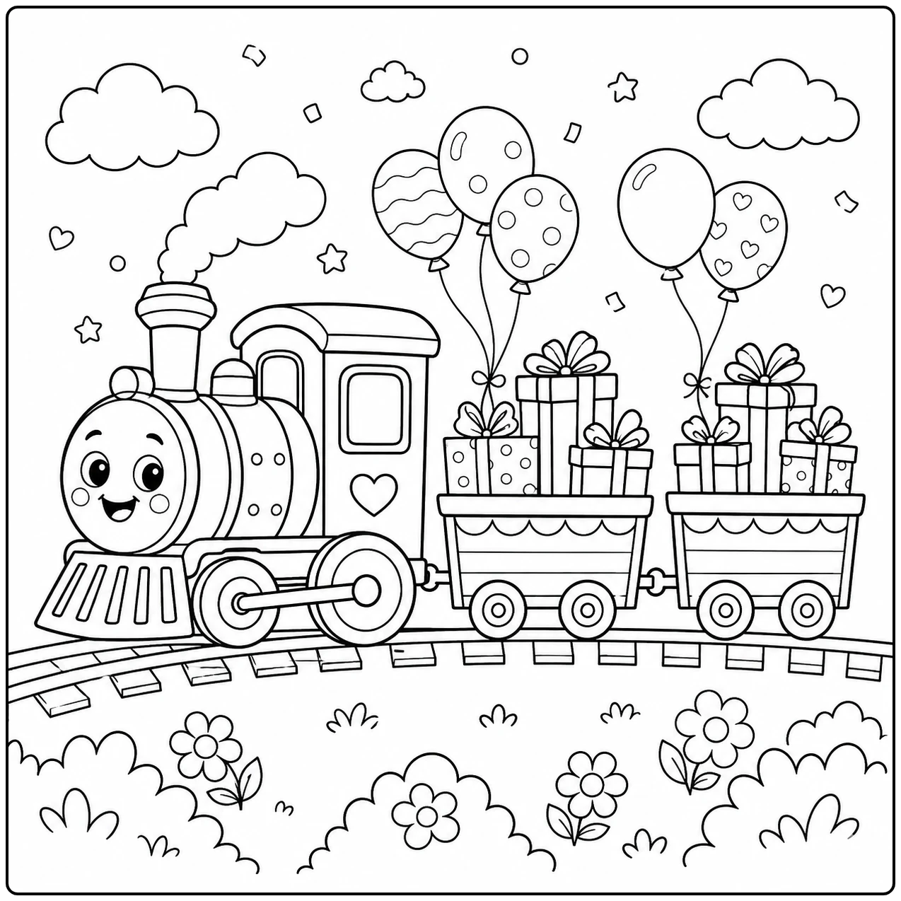 Vriendelijke locomotief trekt twee wagons vol cadeaus en ballonnen tussen bloeiende bloemen