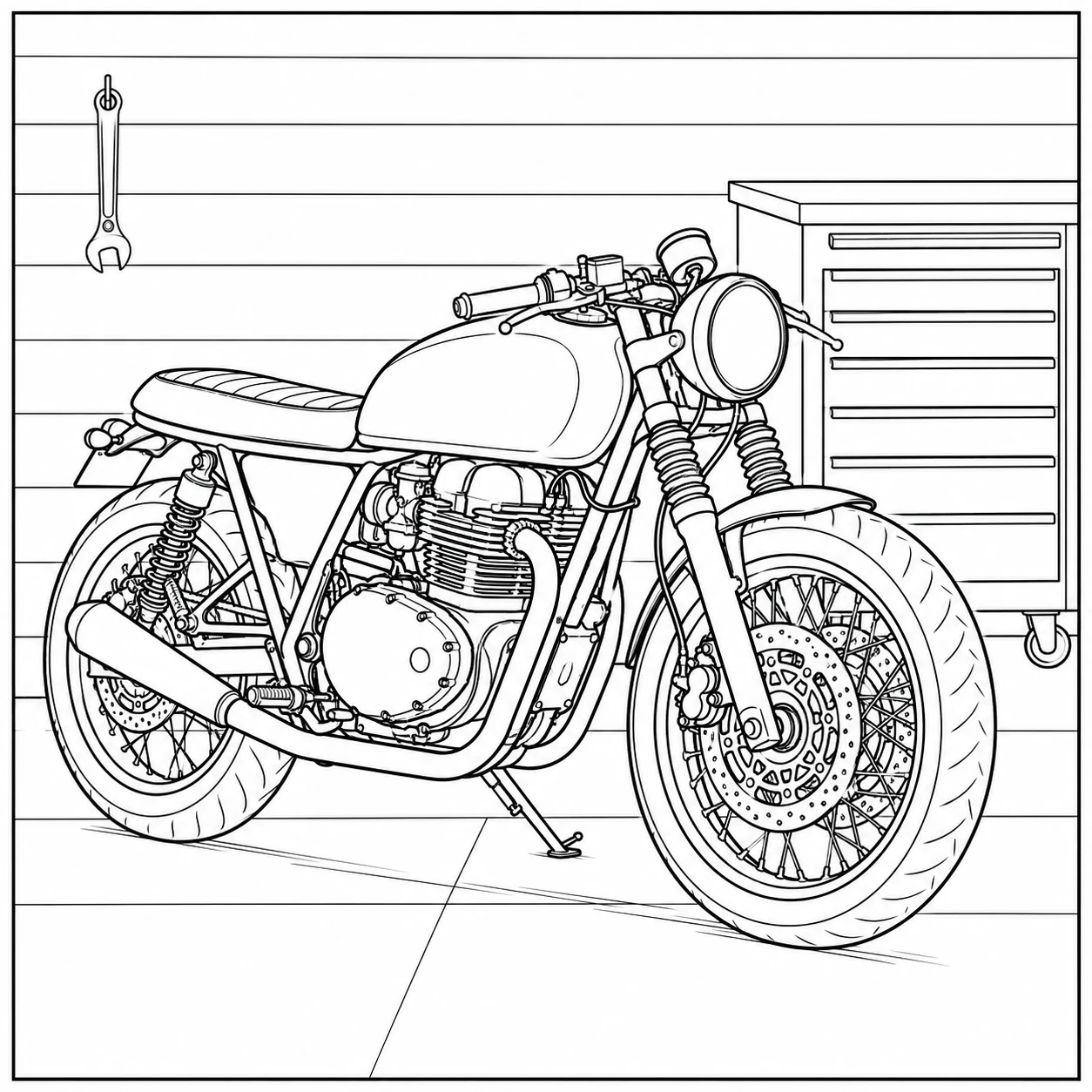 Custom café-racer in een garage met gereedschapskast, werkbank en strakke retrodetails