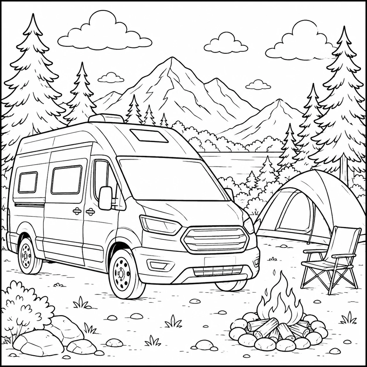 Kampeerbus met tent, bomen en natuur voor een gezellige voertuig kleurplaat