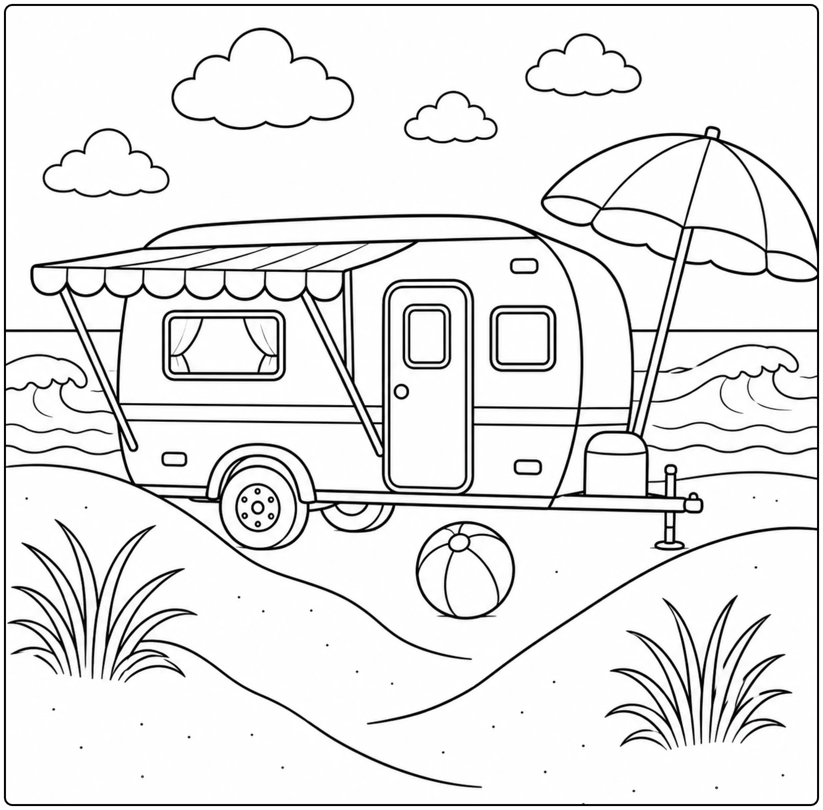 Zeeduinen met parasol, strandbal, golven en een centraal geplaatste kleurplaat caravan