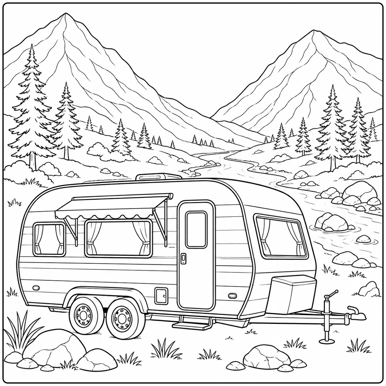 Een kleurplaat caravan met voortent staat tussen bergen, dennenbomen en een smalle beek.