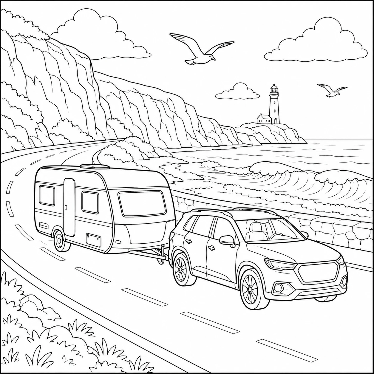 Auto met caravan op een kustweg langs kliffen, zee, vogels en een vuurtoren.