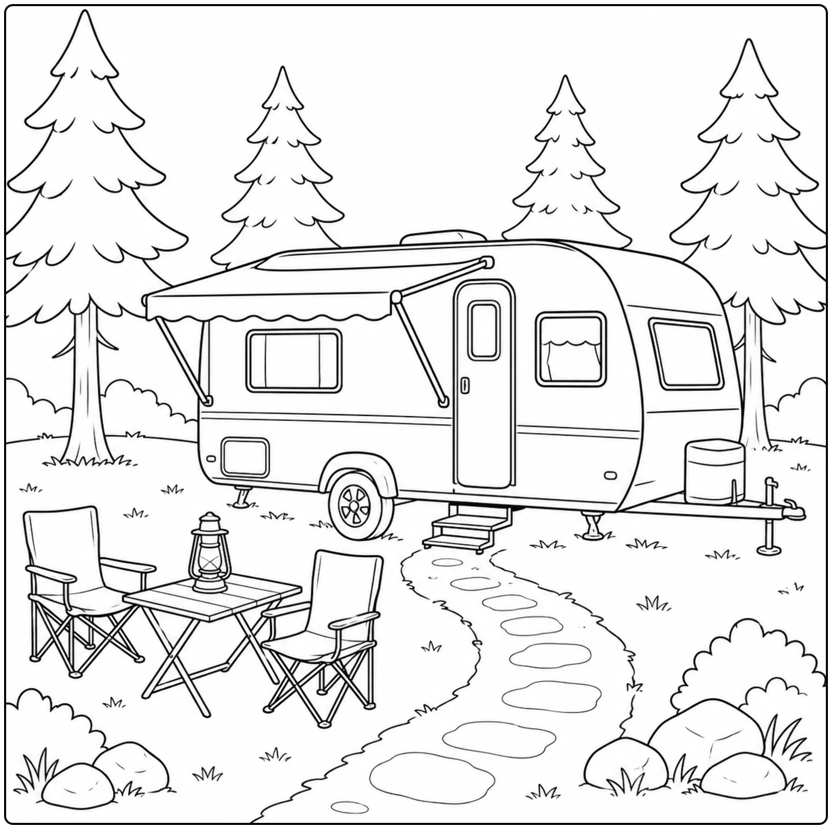Rustige boscamping met dennen, stoelen, tafel, lantaarn en een centrale kleurplaat caravan