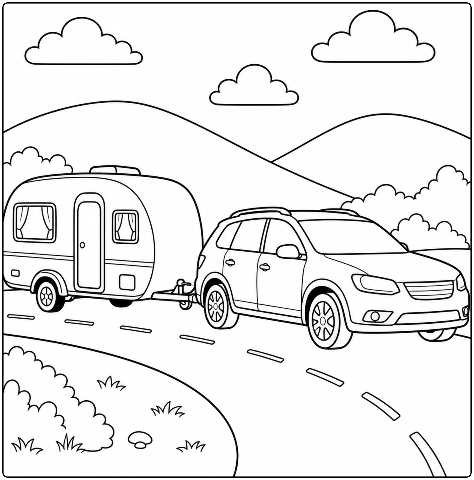 Gezinsauto trekt een caravan over een bochtige weg tussen heuvels en eenvoudige wolken