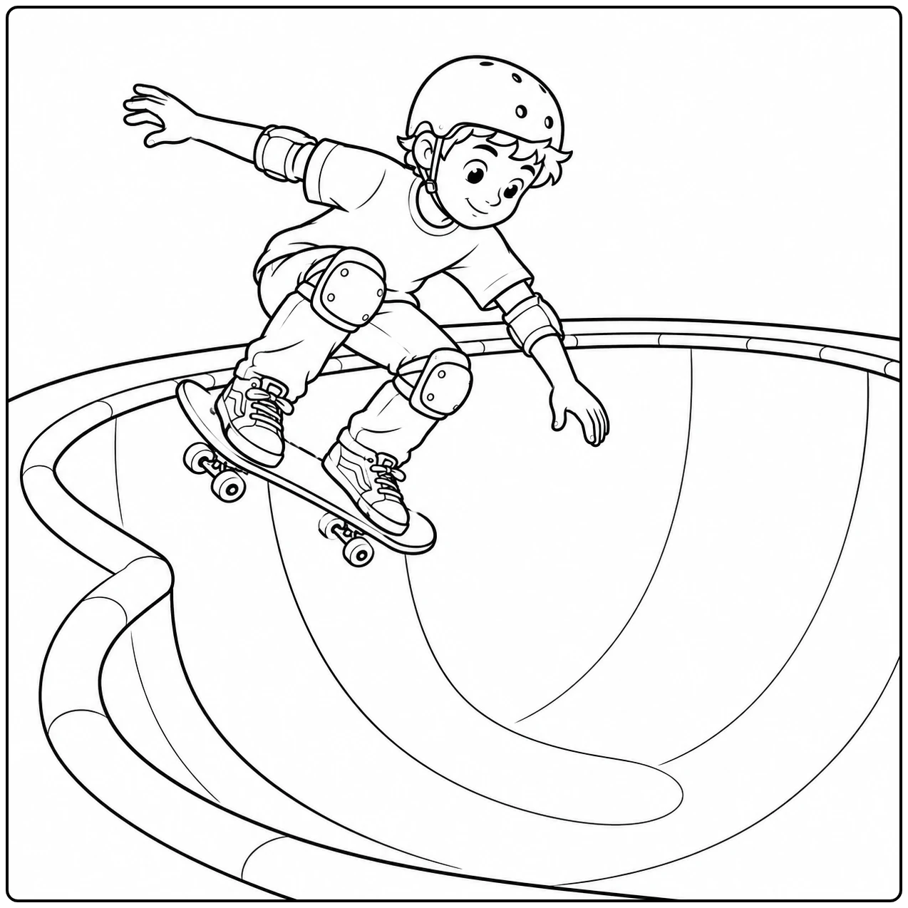 Kind met helm carvt door een skatekom, een sportieve kleurplaat skateboard vol beweging en ronde lijnen