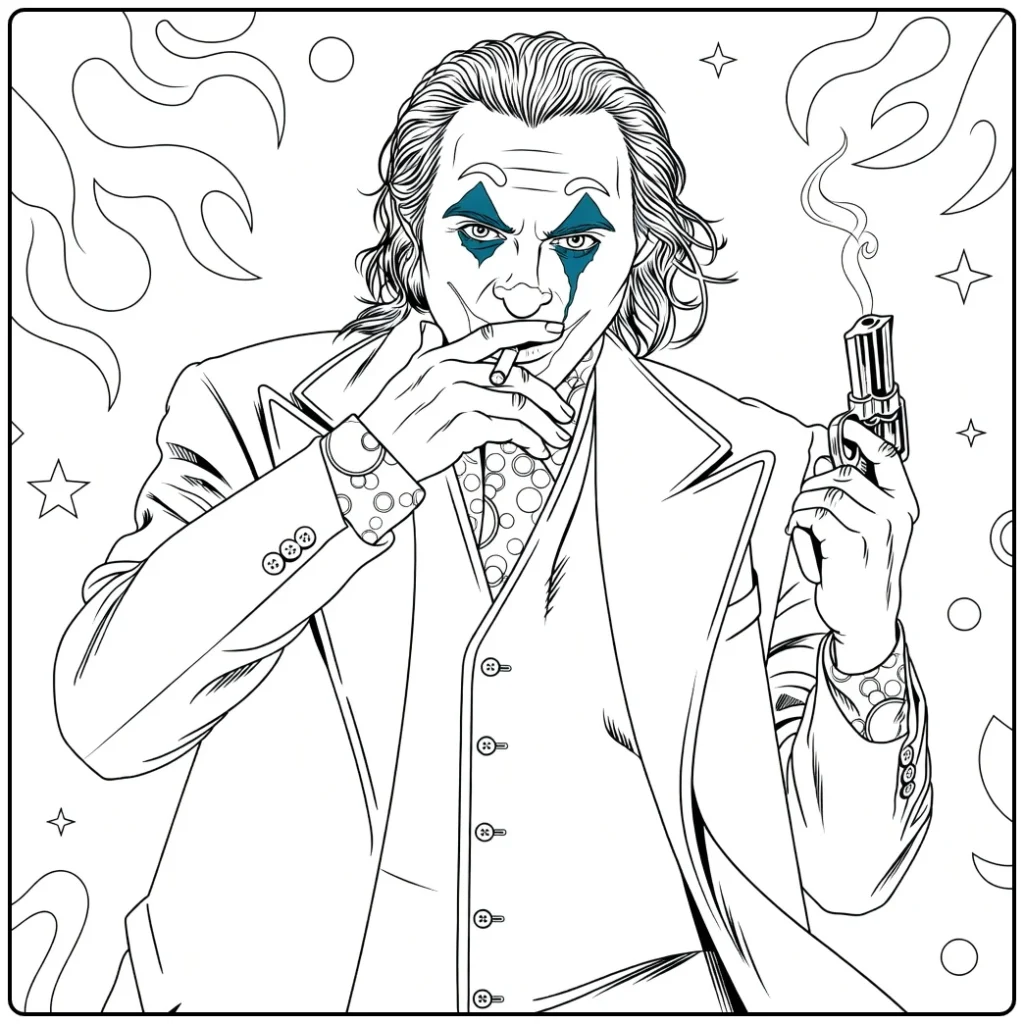 Joker Kleurplaat van een clown met groen haar die een sigaret naar zijn mond brengt en een revolver vasthoudt