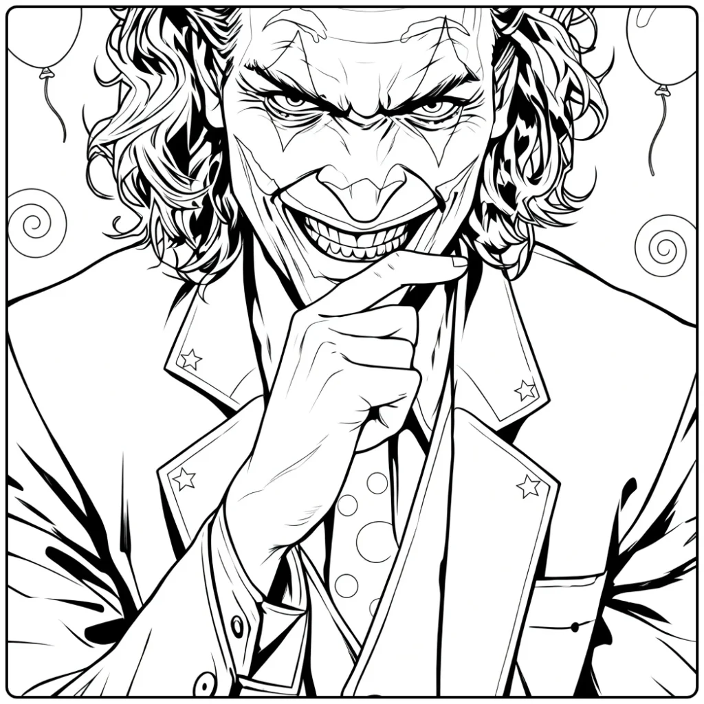 Joker Kleurplaat van een clown met groene haren en paarse jas die wijst naar zijn kin