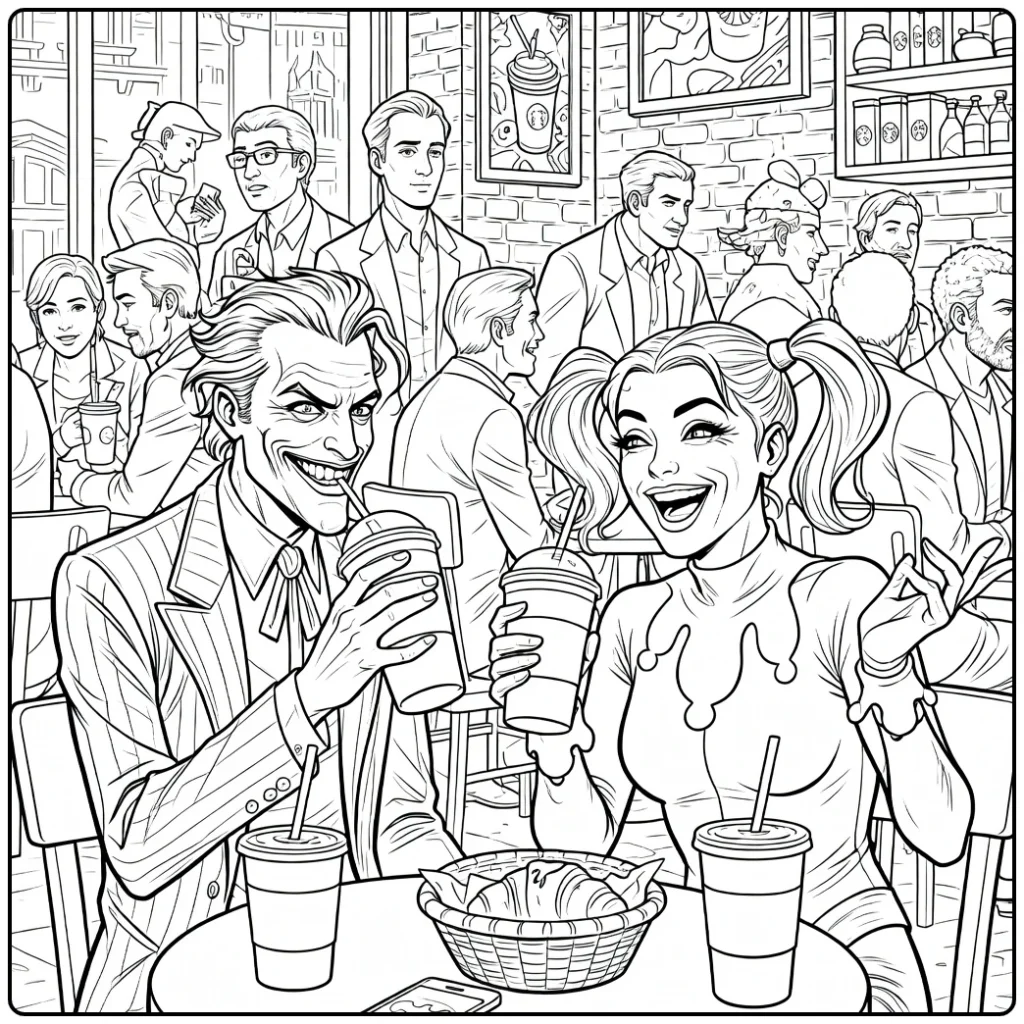 Twee clowns met make-up aan een tafel met drankjes en een mand Joker Kleurplaat