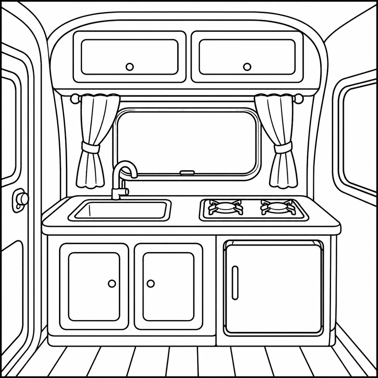 Kleurplaat caravan met compacte keuken, bovenkastjes, fornuis, gootsteen en koelkast.