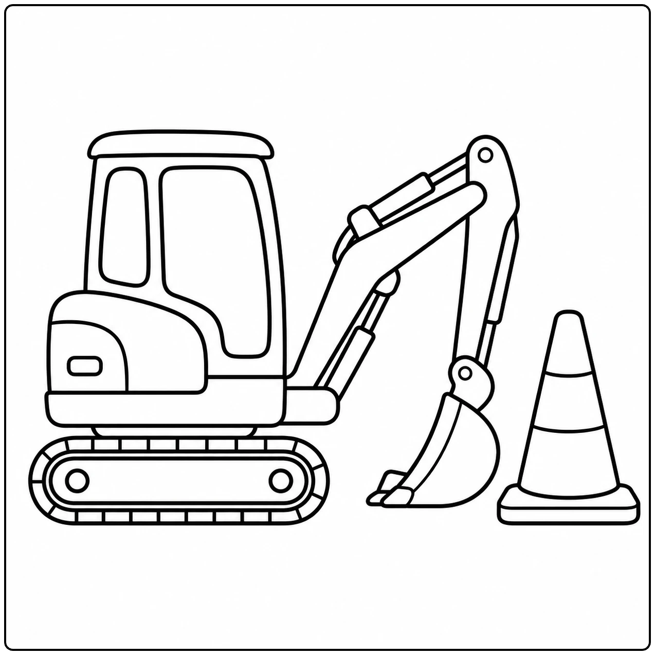 Compacte minigraafmachine met neergelaten bak naast een grote verkeerskegel