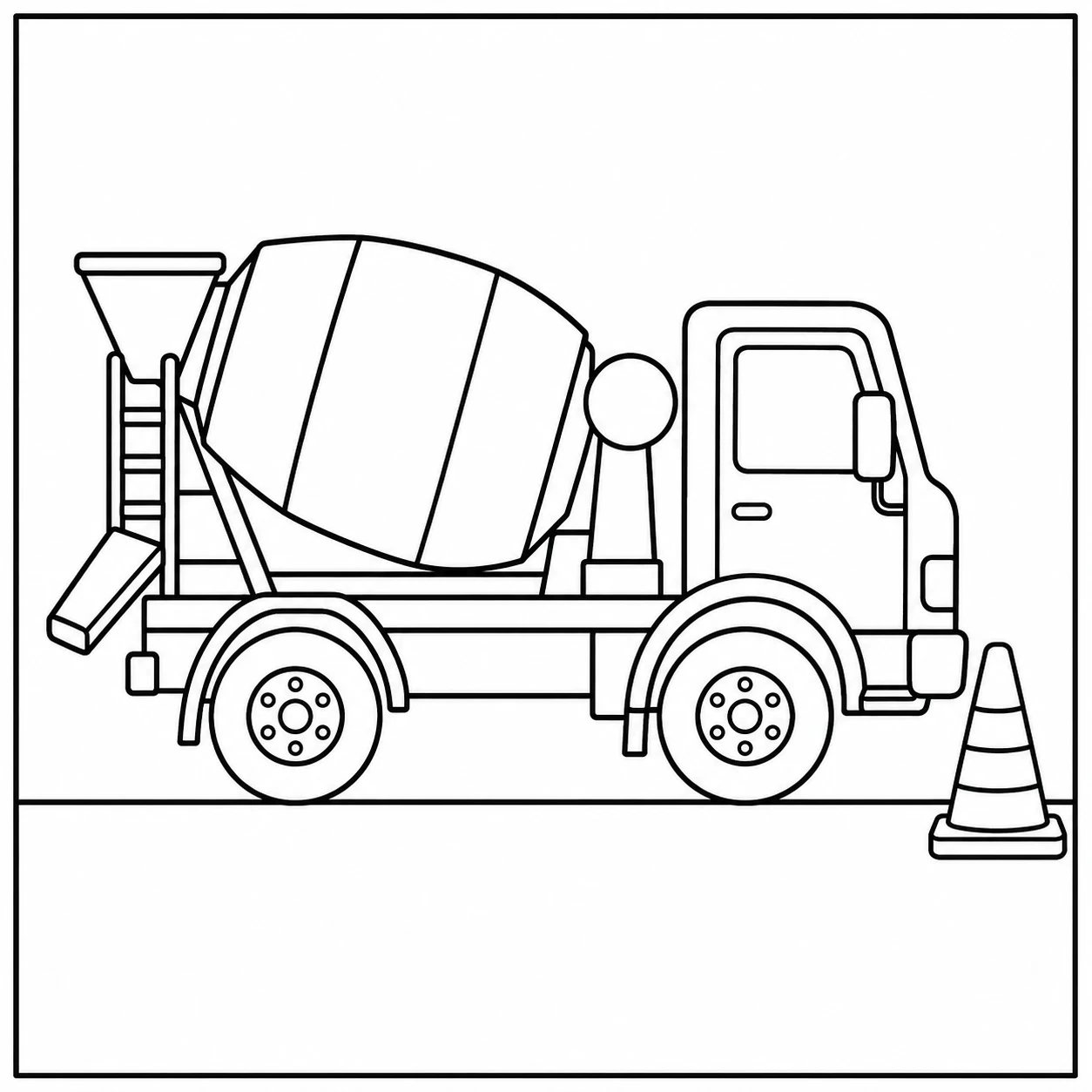 Compacte betonmixer in zijaanzicht staat naast een verkeerskegel met duidelijke contouren.