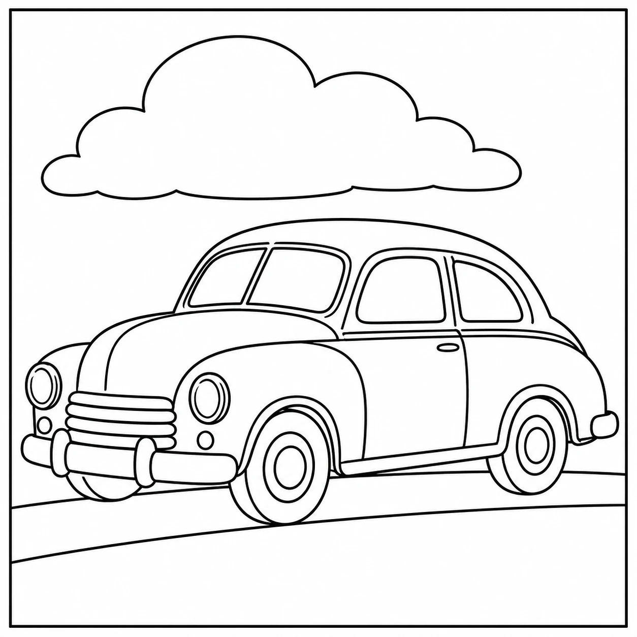 Ronde compacte oldtimer op een gebogen weg, met wolken boven de eenvoudige landschapslijn.