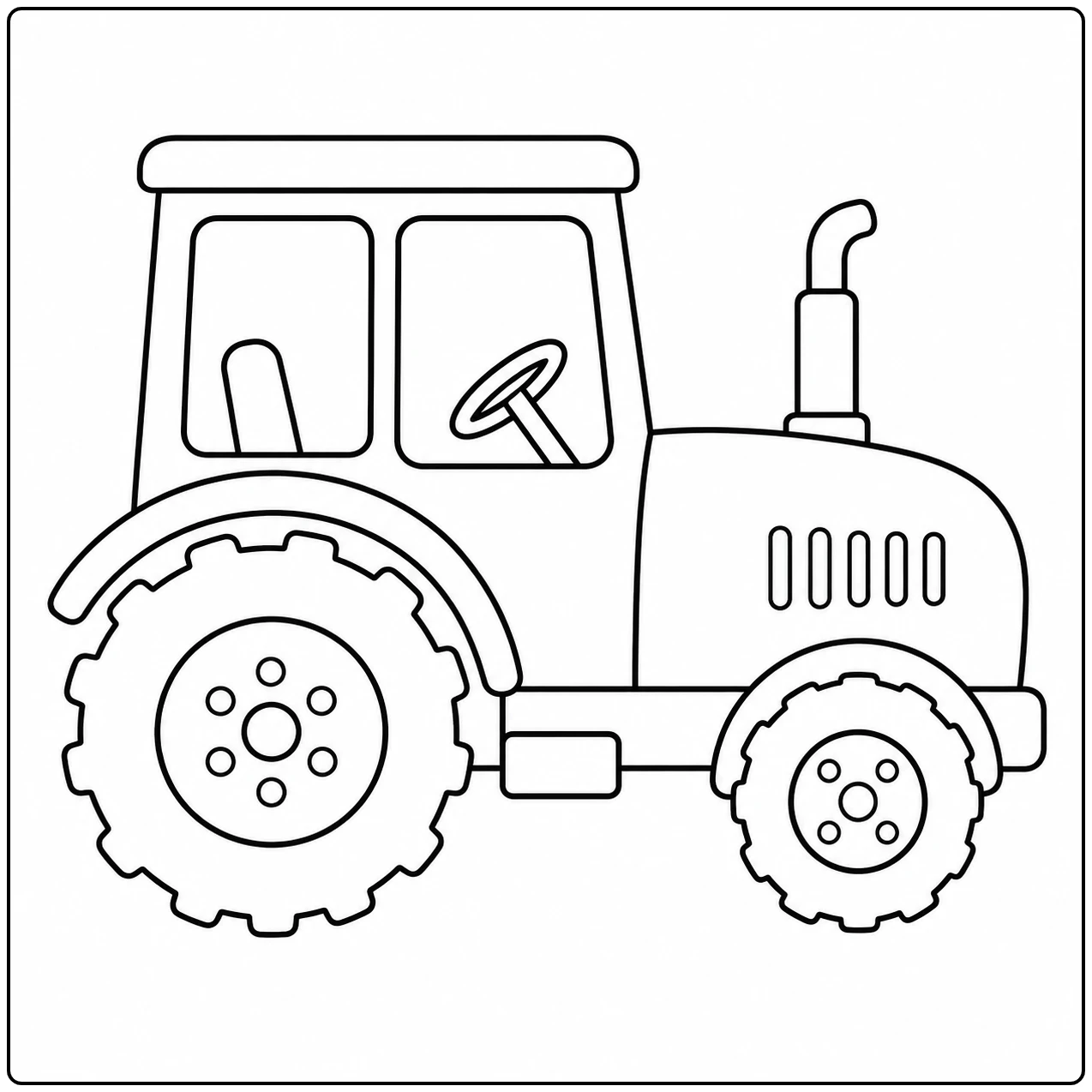 Compacte tractor van opzij met hoge cabine, groot achterwiel en kleine voorband