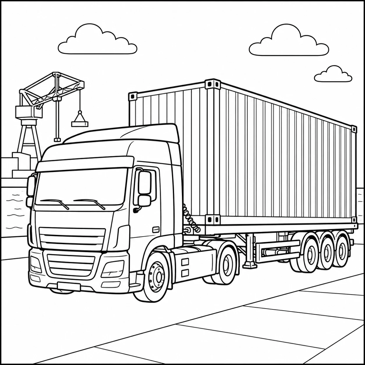 Moderne containertruck met lange oplegger en havenachtige achtergrond voor kinderen om te kleuren