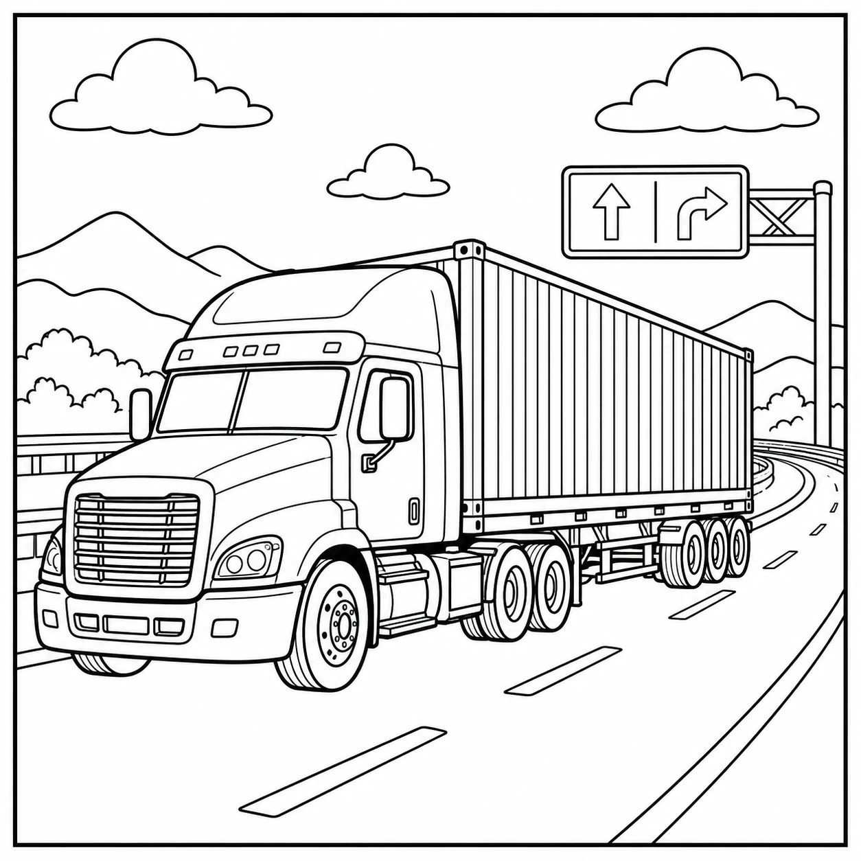 Containertruck neemt een bocht op de snelweg, met bergen en een verkeersbord op de achtergrond.