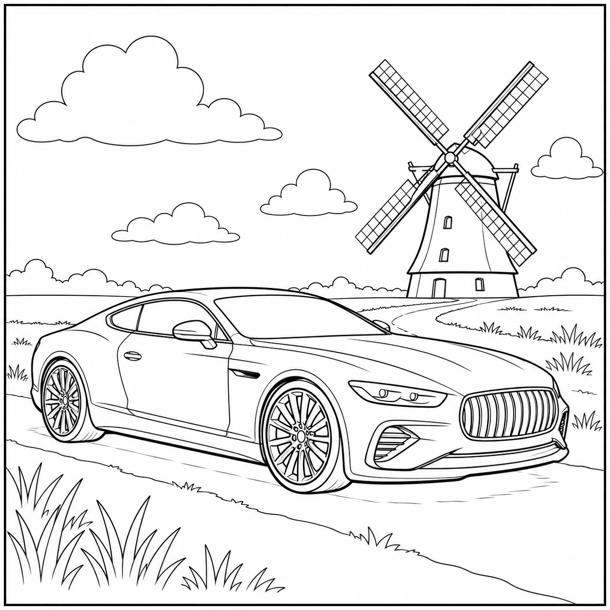 Sportcoupé bij een Nederlandse windmolen, een landelijke kleurplaat auto bmw