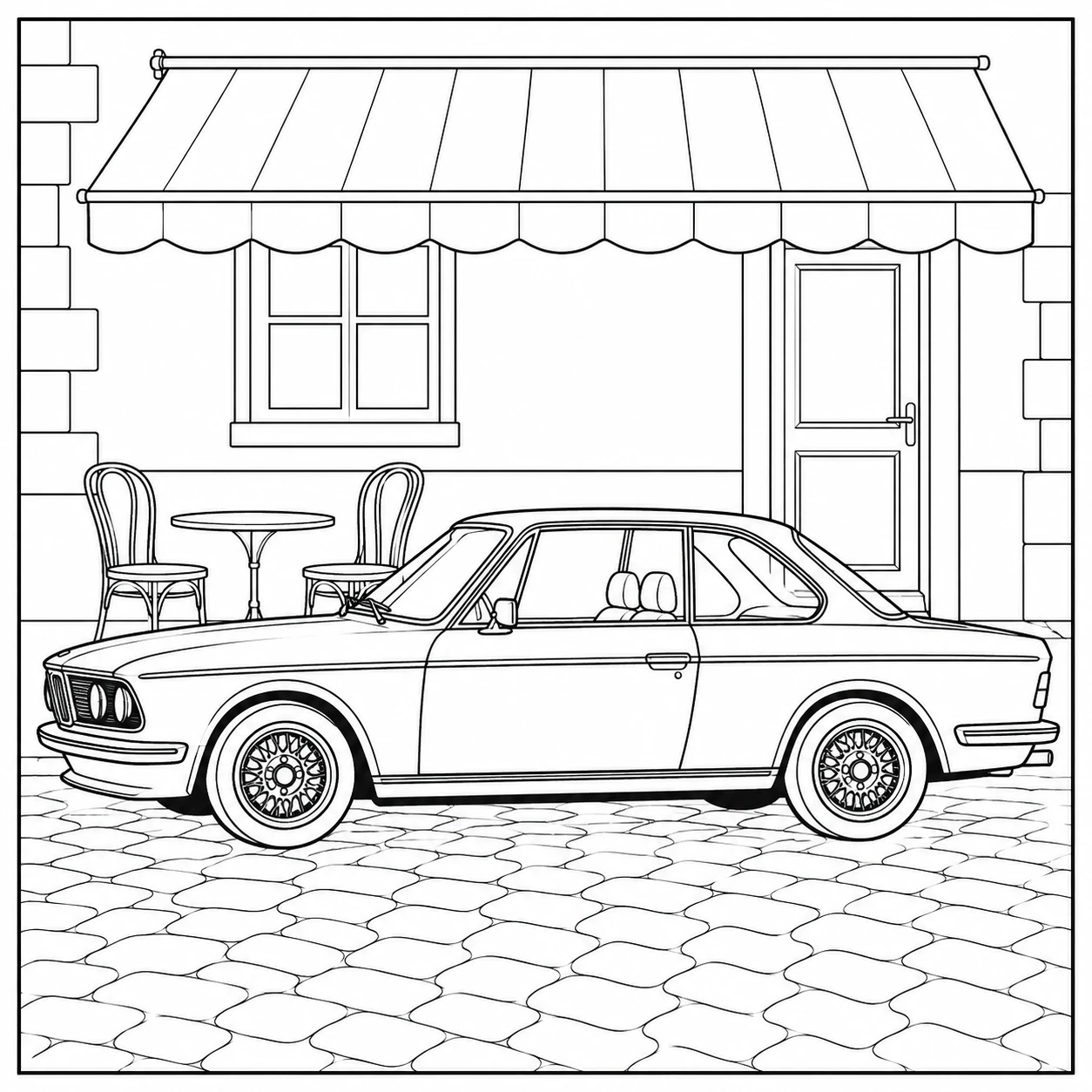 Klassieke coupé voor een café met luifel, tafels en stoelen