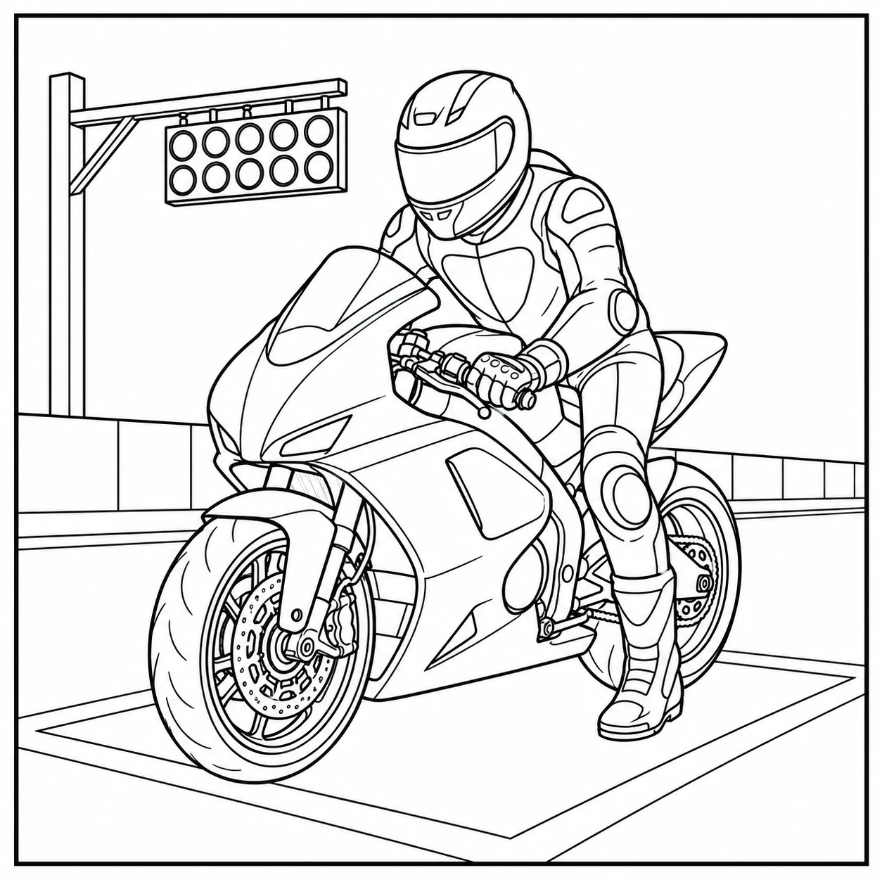 Coureur op een racemotor bij de startlichten van een afgesloten circuit
