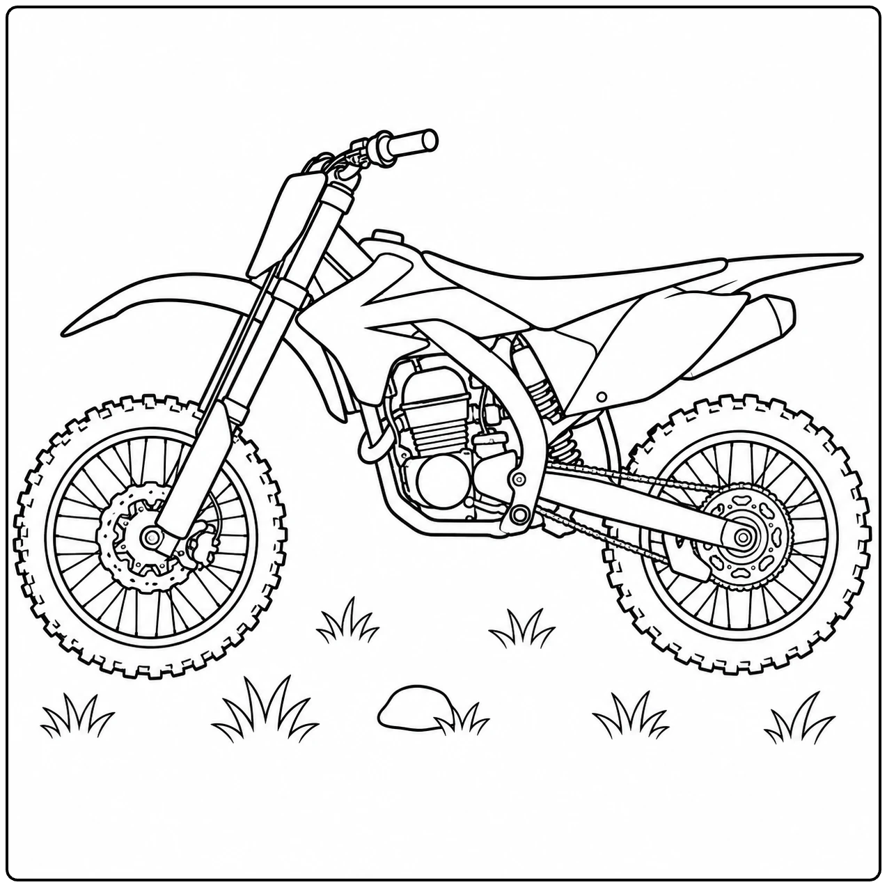 Crossmotor met grove noppenbanden, hoge spatborden en kleine grasplukjes rond de wielen