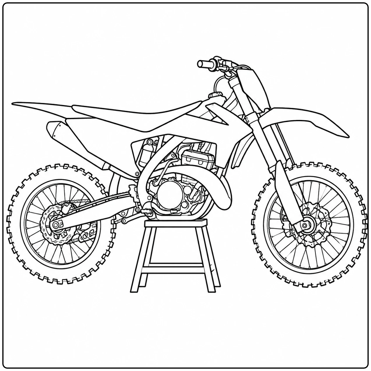 Crossmotor van de zijkant op een onderhoudsstandaard met grove banden en lange vering