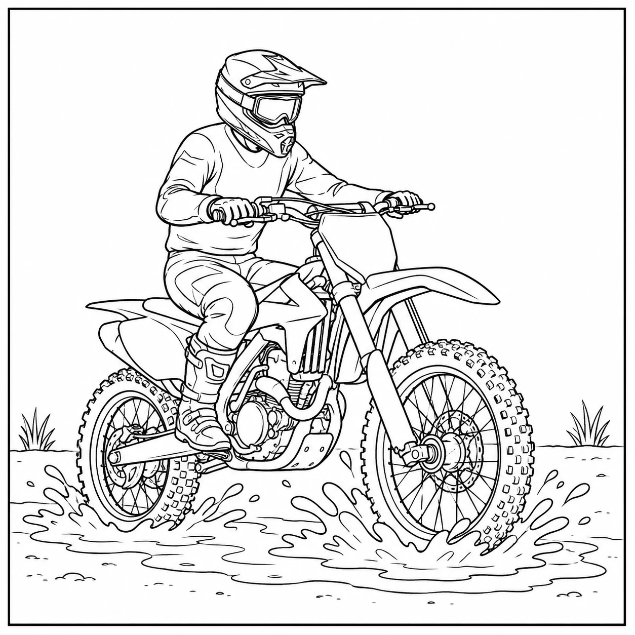 Rijder rijdt met een crossmotor door modder in deze kleurplaat motor kawasaki