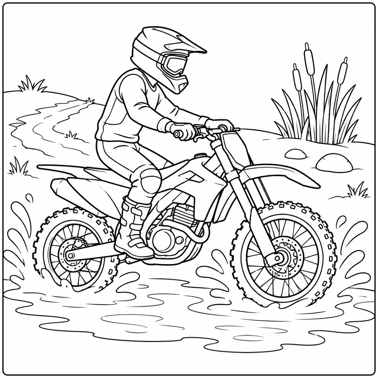 Rijder stuurt zijn crossmotor door een ondiepe plas met riet, keien en opspattend water