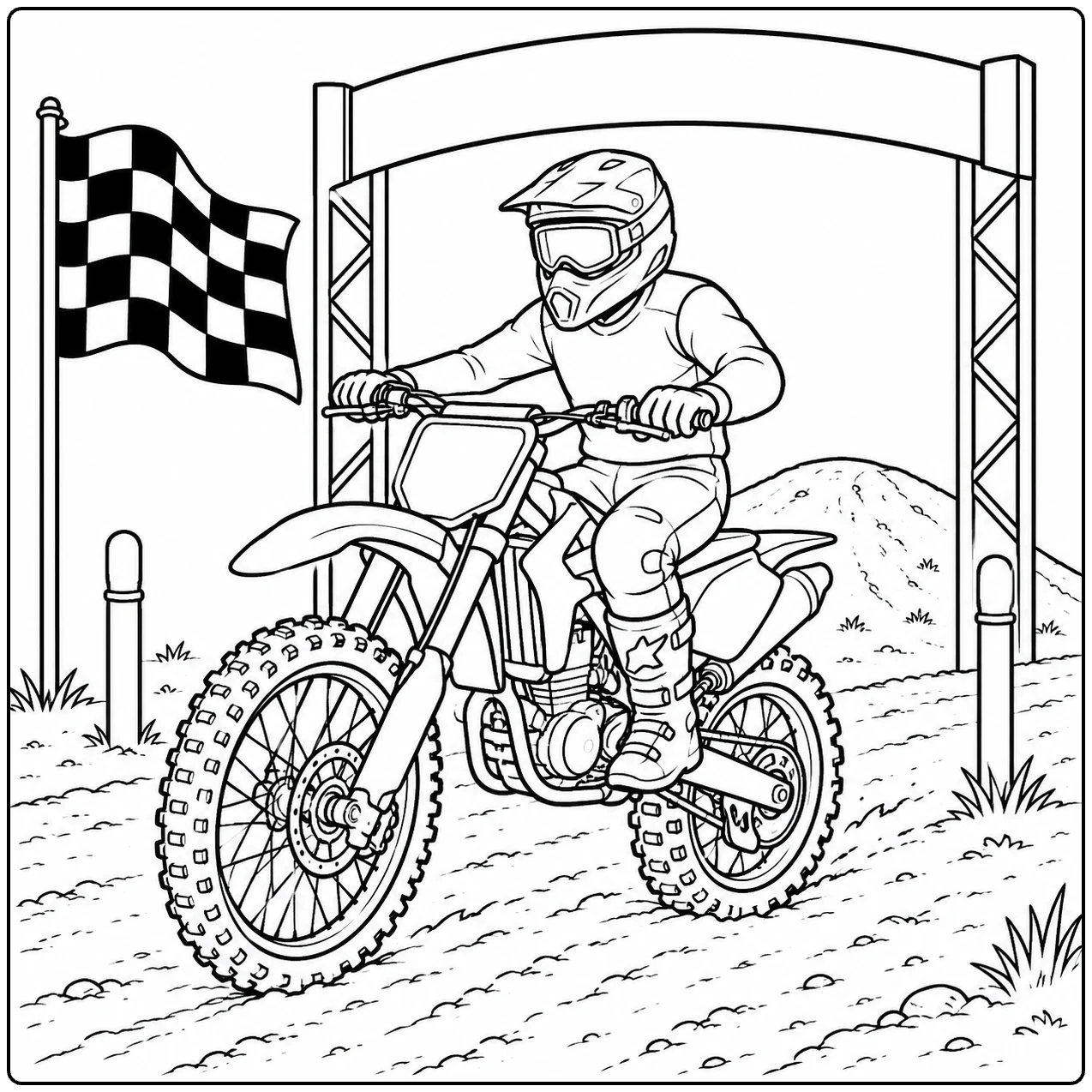 crossmotor kleurplaat met een rijder die onder een finishboog langs de geblokte vlag rijdt